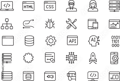 Modern technology icons vector set representing software development and artificial intelligence concepts