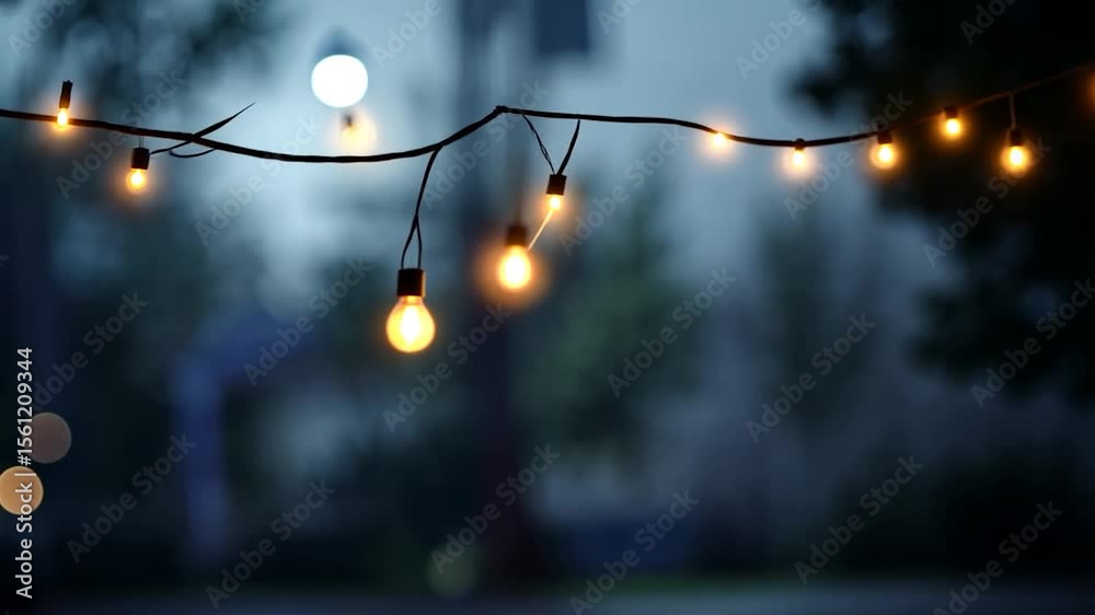 Close-up of warm glowing string lights against a blurred dark background creating an atmospheric mood with out-of-focus bokeh effect suitable for celebration or outdoor ambiance