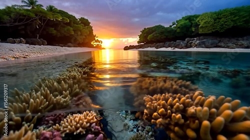 Split view of a vibrant coral reef and a tropical beach at sunset. The upper half shows the beach with lush greenery and the setting sun. The lower half reveals the colorful underwater world