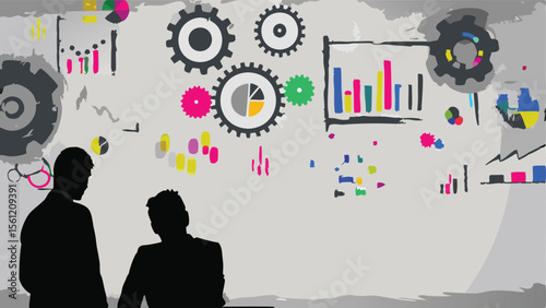 Two silhouettes in front of a whiteboard with gears and colorful charts and graphs sketched on it