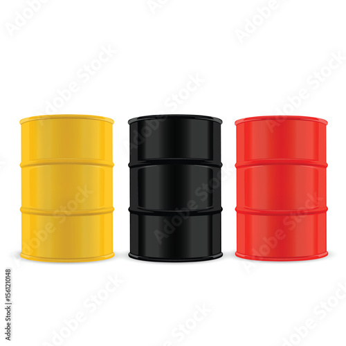 Colorful Industrial Barrels Set: Yellow, Black, and Red Vector illustration