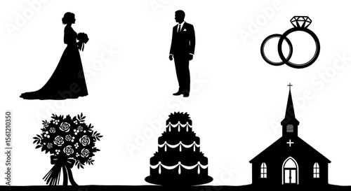 Silhouettes of bride groom rings bouquet cake and church depicting a wedding celebration day theme