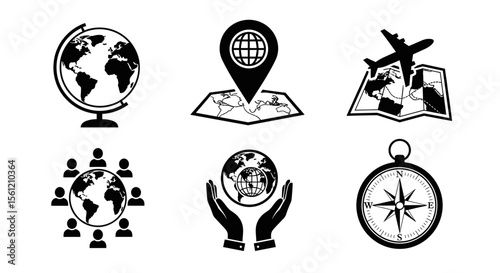 Assortment of globe icons including travel, navigation, and global community representation