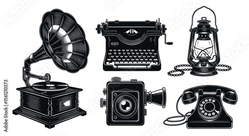 Assortment of vintage communication and illumination devices in a detailed illustration style