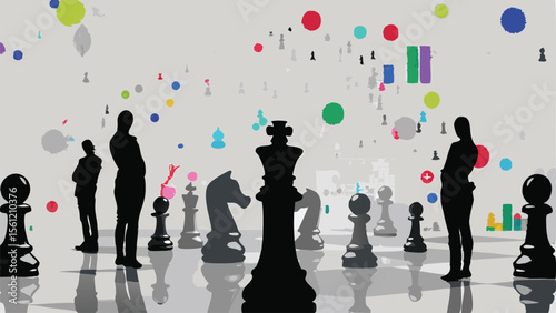 Silhouetted figures stand amidst chess pieces and colorful shapes on a reflective surface design art