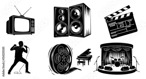 Collection of entertainment icons including television, speakers, stage and film reel image art