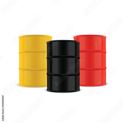 Colorful Industrial Barrels Set: Yellow, Black, and Red Vector illustration