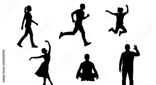 Silhouettes depicting various activities including walking running jumping dancing meditating and waving figure