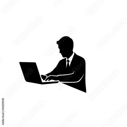 Silhouette of a man in a suit typing on a laptop computer with a tie and focused expression shown clearly