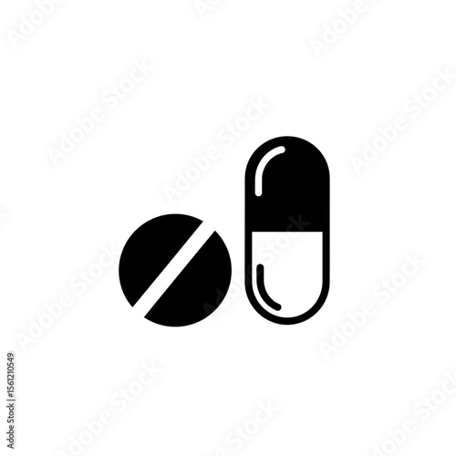 Isolated depiction of a round tablet and a capsule medication side by side in a graphic format