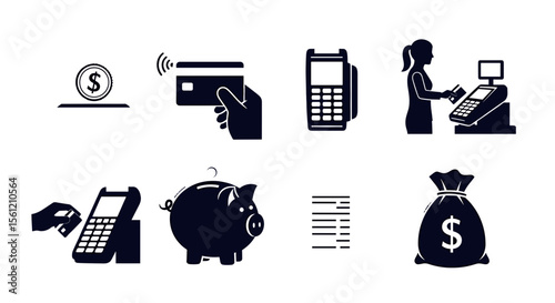 Illustrative financial icons depicting payments, savings, and transactions in a clear visual layout