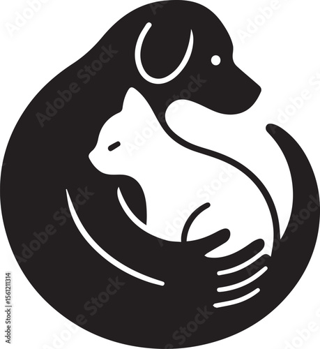 A stylized black and white vector illustration of a dog embracing a cat