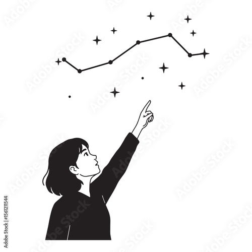 A curious girl gazing at a star constellation in the night sky pointing upward