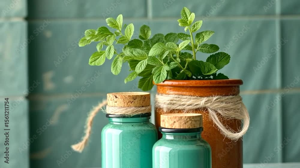 Close-up view of green apothecary bottles and brown ceramic pot with cork lids and fresh herbs on a teal background suggesting natural remedies and wellness