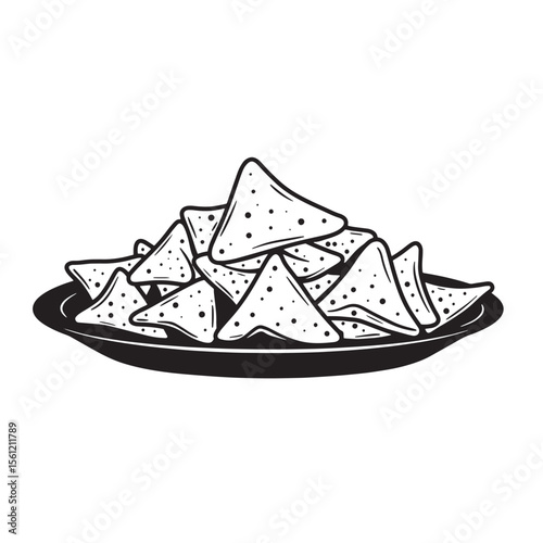 A stack of crispy tortilla chips served on a round plate in black and white illustration