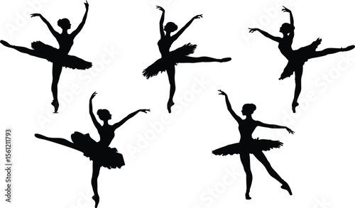 Elegant silhouettes of ballet dancers performing various graceful and dynamic poses