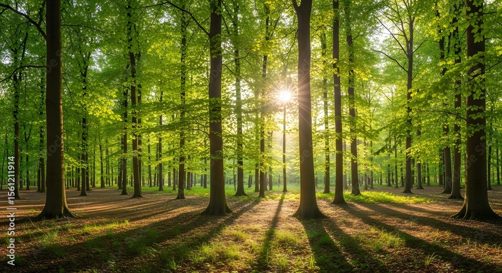 Obraz premium Sunlit Forest Majestic Trees and Golden Rays of Sunlight
