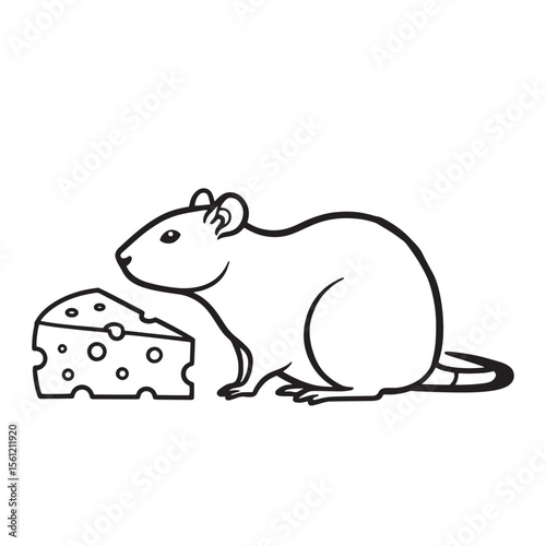 Adorable cartoon illustration of a mouse and cheese wedge with outline style