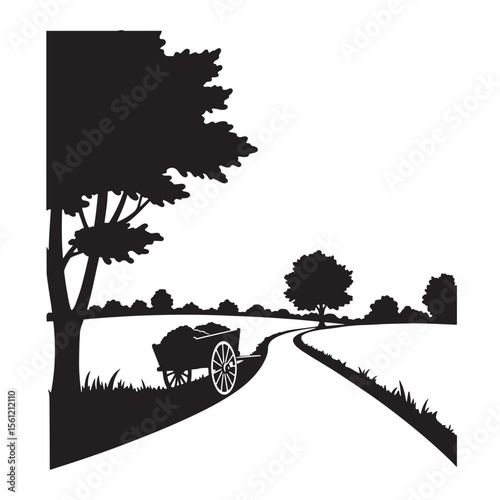 Black and white countryside landscape silhouette with wagon on a winding road with trees