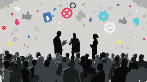 Silhouetted figures present to a crowd under floating icons and gears in a stylized illustration