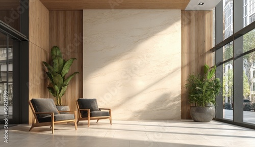 Serene modern lobby with wooden accents  plush armchairs  and lush potted plants bathed in sunlight.