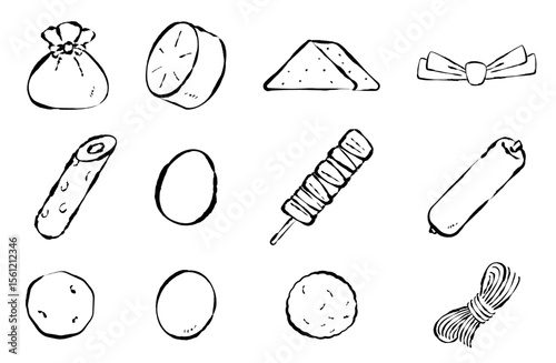 おでんの具、メニューのベクターイラスト 手描き 筆 冬 鍋物