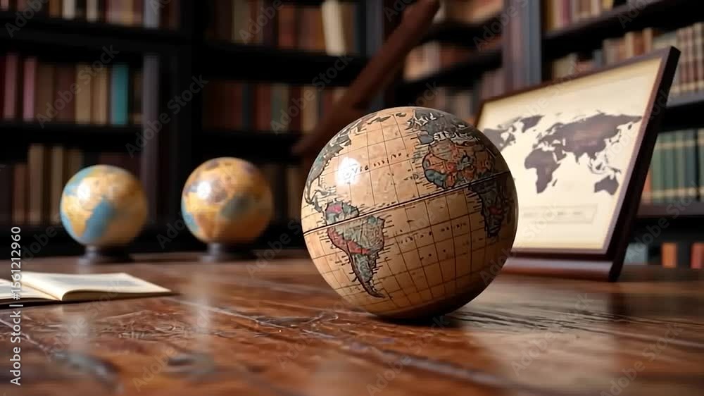 Vintage globe on a wooden table with other globes and a world map in a classic library setting. Warm, inviting lighting and depth of field create a sense of history and exploration