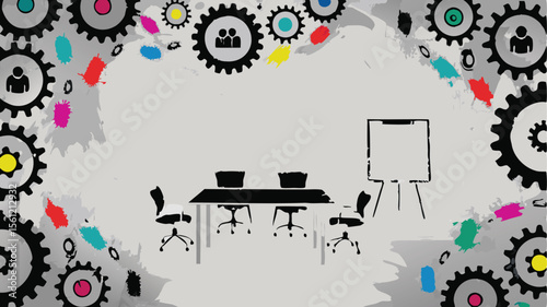 Illustration of a conference room with table chairs and whiteboard surrounded by gear icons and splashes