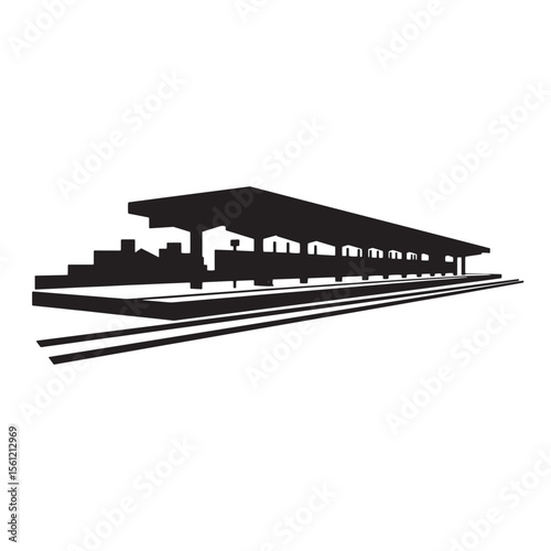 Black and white silhouette of a train station building with railway tracks and cityscape elements