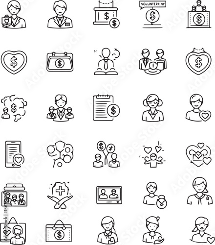 Charity and Donation set of web icons in line style. Volunteering and donation icons for web and mobile app. Help, caring, solidarity, alms, donate, volunteer, care, charity and more. Editable stroke