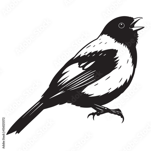 Black and white vector illustration of a singing bird silhouette with open beak