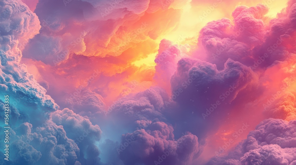 Fototapeta premium Colorful, dramatic cloudscapes painted in pastel hues.