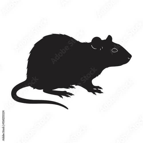 Black silhouette of a rat illustration on a white background representing rodents and pests.