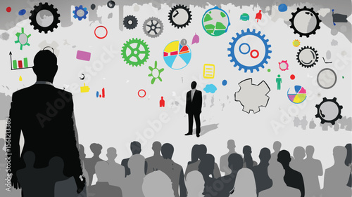 A presentation with a speaker addressing an audience with graphics and gears in the background design