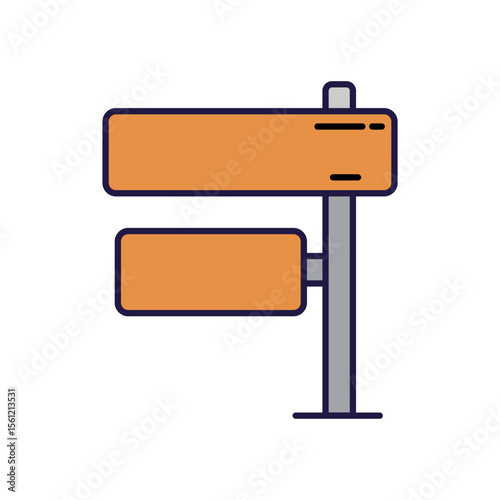 An illustration of a blank road signpost with two orange rectangular signs, ready for custom text or directional information. Represents guidance.