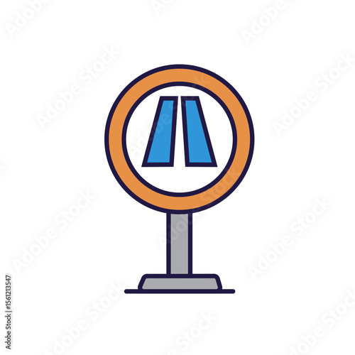 A round road sign with an orange border, depicting two parallel blue rectangles, symbolizing a 'no overtaking' or 'end of divided highway' rule.