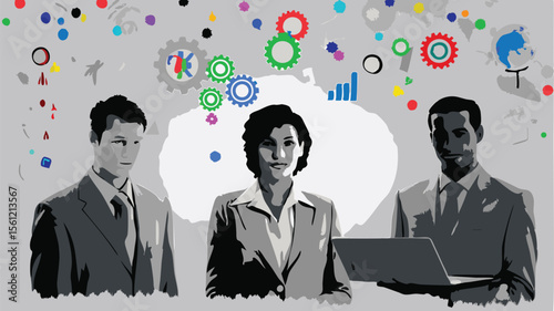 Three business professionals stand against a backdrop of global icons and data visualizations