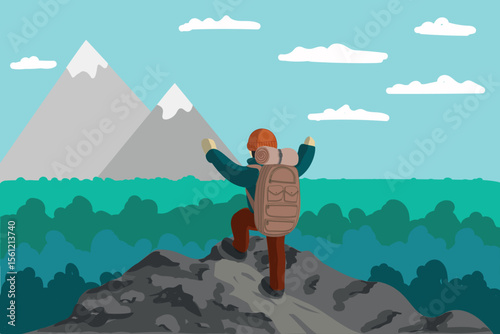 Vector flat illustration of hiking person with backpack, who is happy reached the peak of the mountain. Can be used as a background, hand drawn unperfection style 