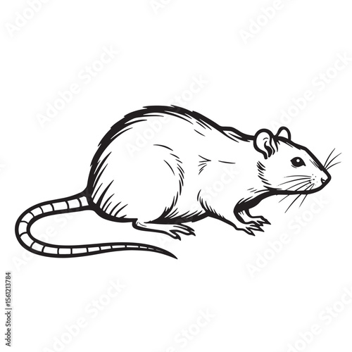 Detailed black and white illustration of a rat on a white background posed sideways