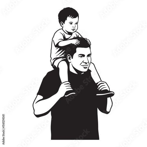 Father carrying son on shoulders black and white illustration depicting family and love