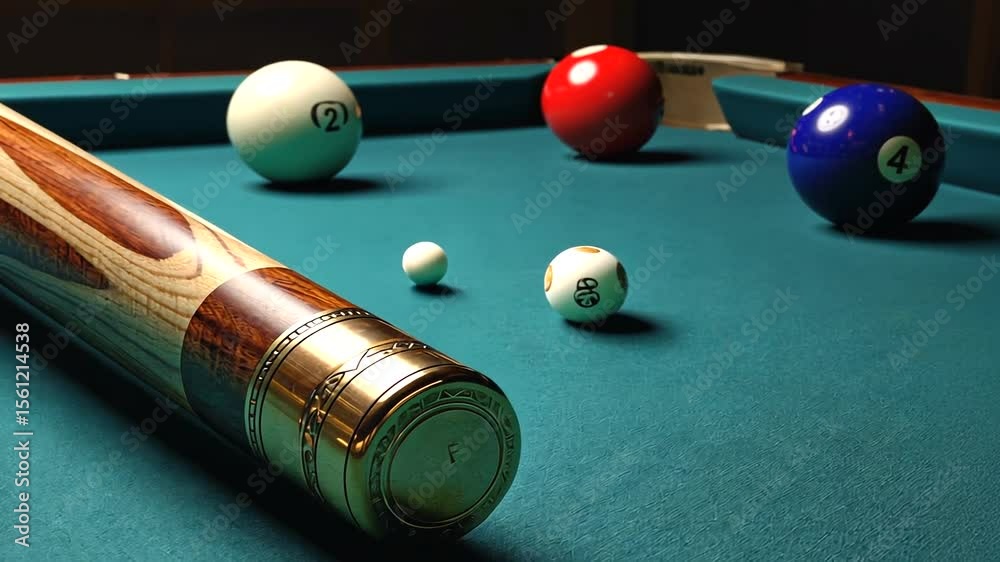 Close-up of a polished pool cue resting on a vibrant green felt table with billiard balls in play