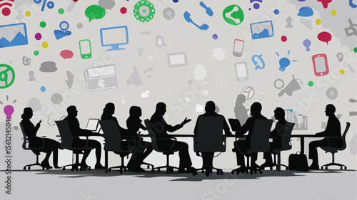 Silhouette of people at a conference table with social media icons floating above them in a meeting room