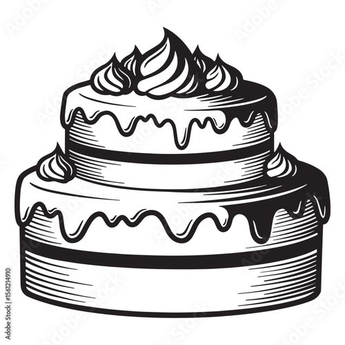 Hand drawn illustration of a layered cake with frosting for celebrations and special events