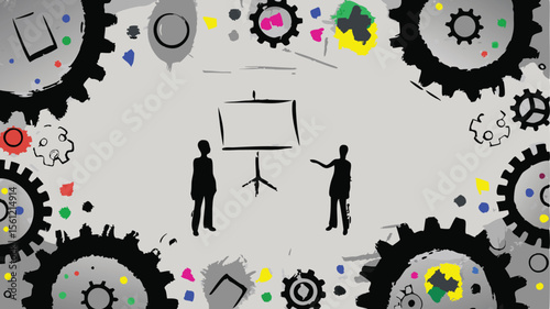 Presentation scene with two figures standing near a screen surrounded by gears and color splashes