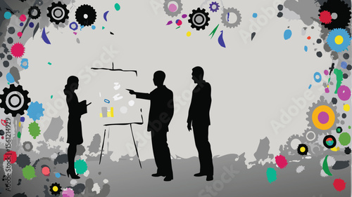 Silhouette of three people standing near a whiteboard surrounded by colorful gears and abstract shapes
