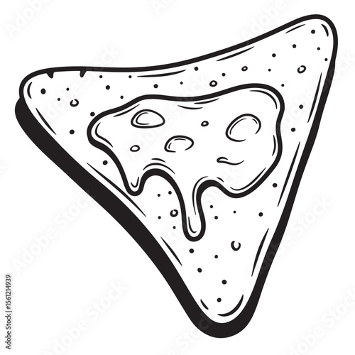 Hand drawn illustration of a single melted cheese topped tortilla chip in grayscale