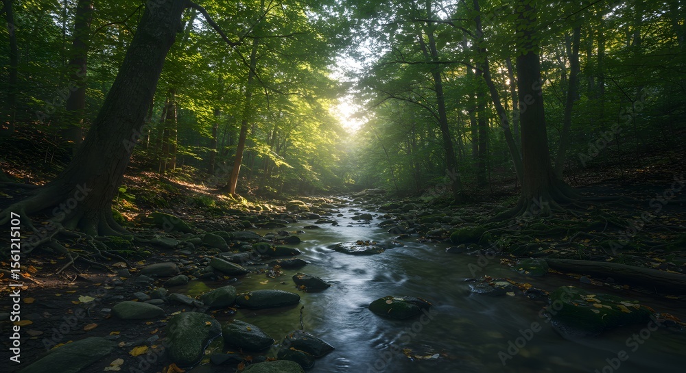 Fototapeta premium Serene Forest Stream Sunlit Path Through Lush Green Canopy