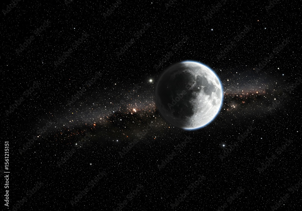 Naklejka premium A breathtaking view of a detailed, cratered moon set against the deep blackness of space, with the luminous band of the Milky Way galaxy stretching behind it.