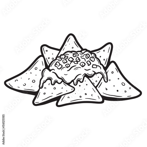 Hand-drawn black and white illustration of a delicious serving of nachos with melted cheese