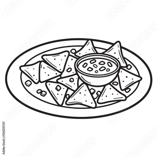 Outline illustration of nachos with salsa on a plate ready for a delicious snack